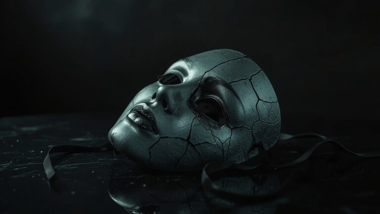 Rissige Theatermaske auf dunklem Tisch als Symbol für die verborgenen Eigenschaften eines Narzissten