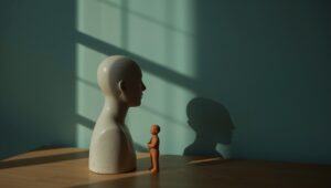 Symbolbild: große Figur wirft bedrohlichen Schatten auf kleine Figur, Sinnbild für Narzissten und Empathen