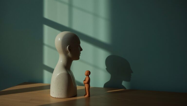 Symbolbild: große Figur wirft bedrohlichen Schatten auf kleine Figur, Sinnbild für Narzissten und Empathen