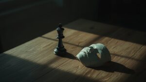 Schachkönig mit langem Schatten und zerbrochene Maske auf einem Tisch, Symbolbild für die Lügen von Narzissten