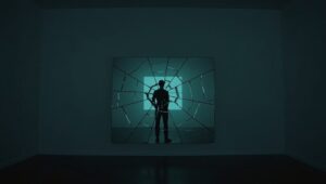 Silhouette einer Person vor einem zersplitterten Spiegel als Symbol für die narzisstische Persönlichkeitsstörung